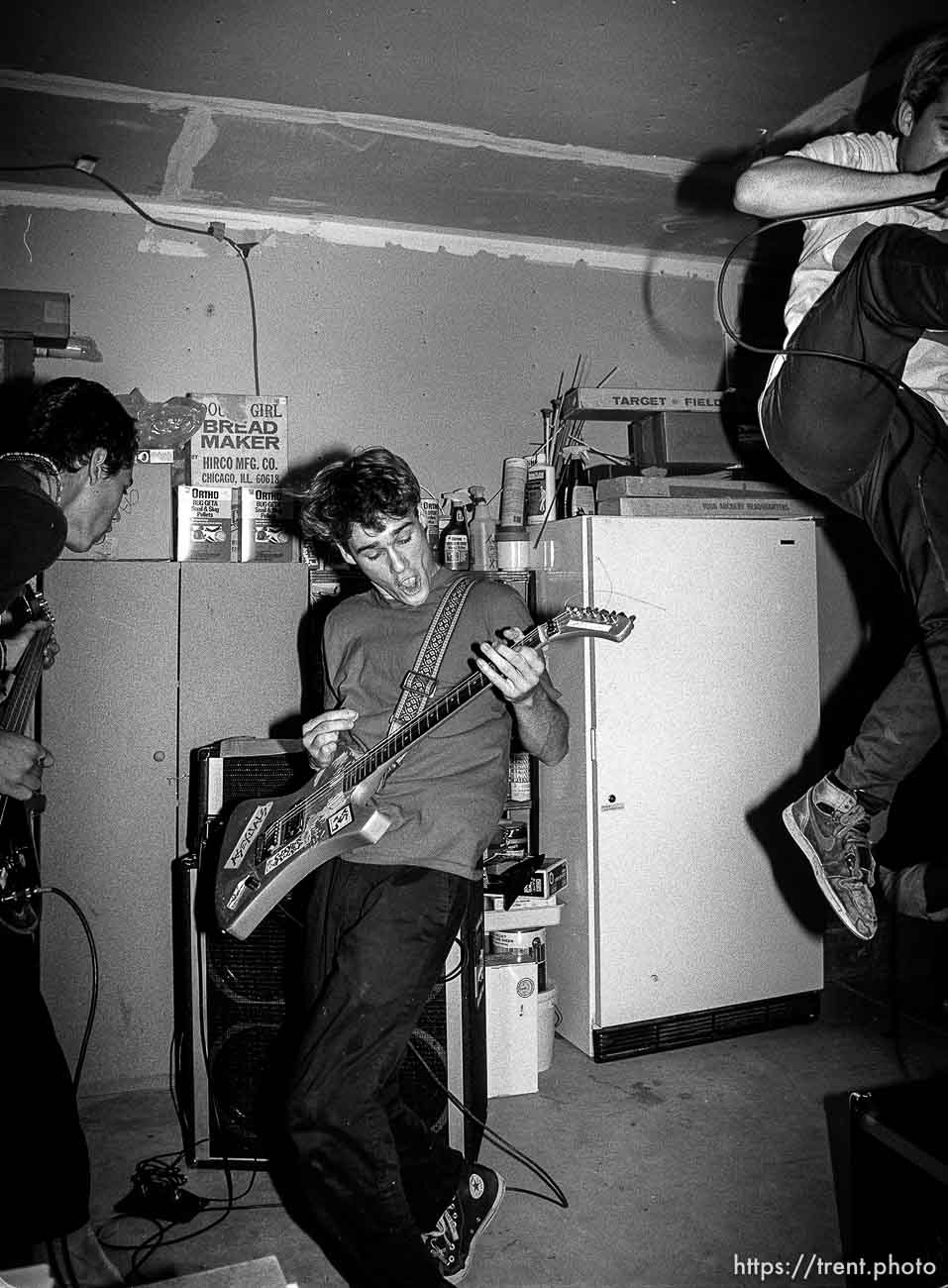 Rabid Lassie practice in Trent's garage.