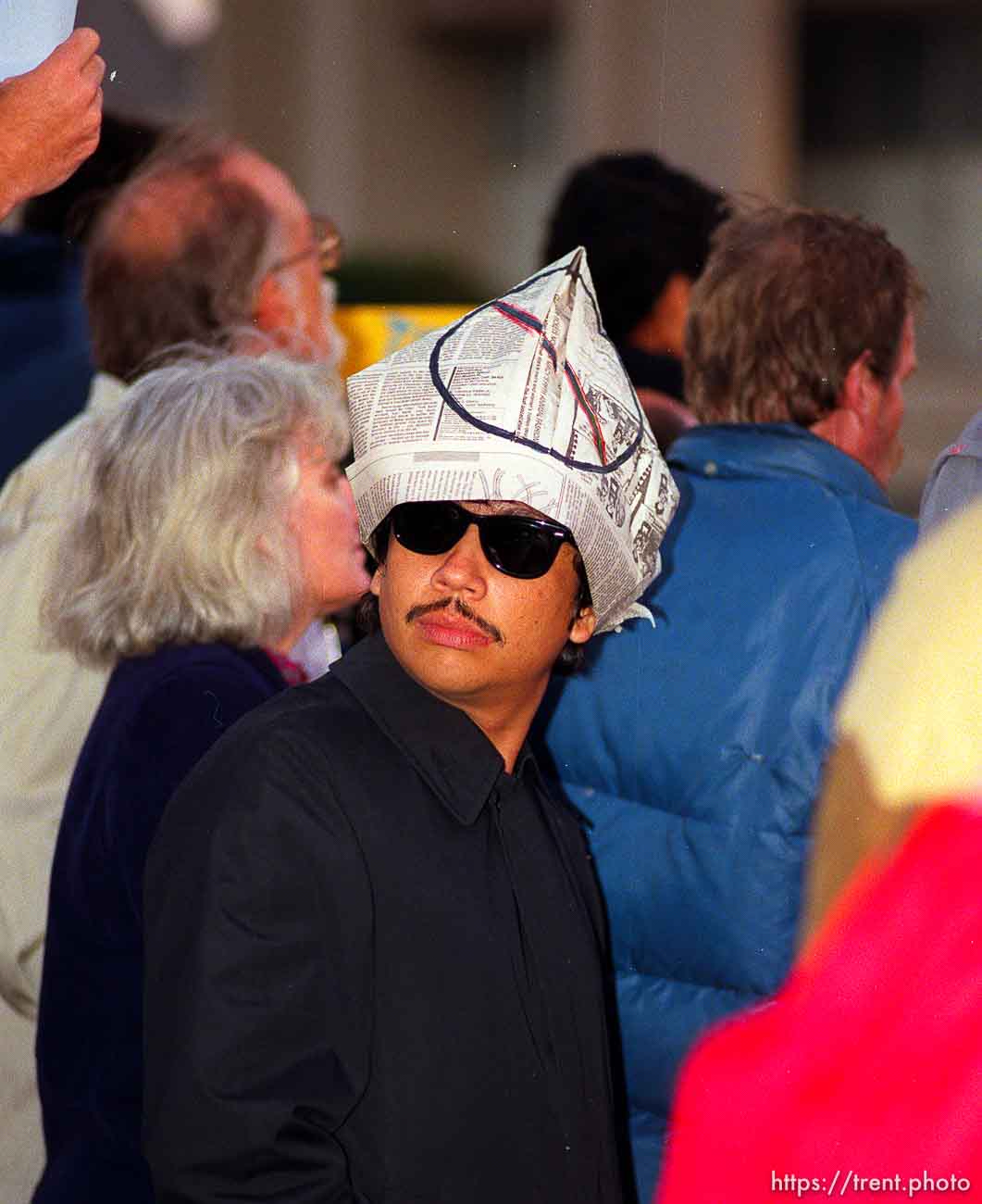 Guy with homemade anti-Pope hat at the Pope's visit.