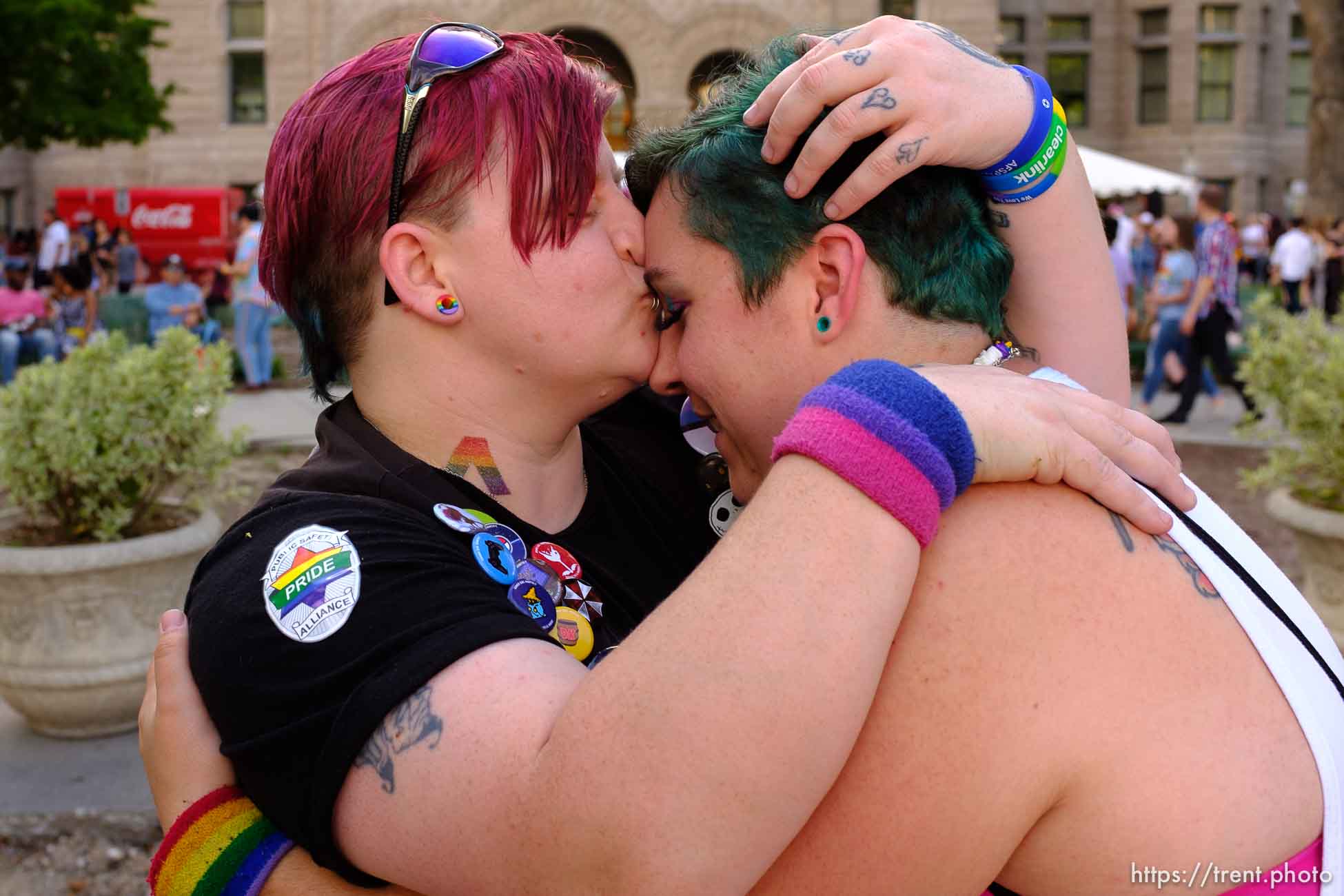 (Trent Nelson  |  The Salt Lake Tribune)
Scha Strasburg and Karrah Watson embracing after getting engaged at the Utah Pride Festival in Salt Lake City on Saturday June 1, 2019.