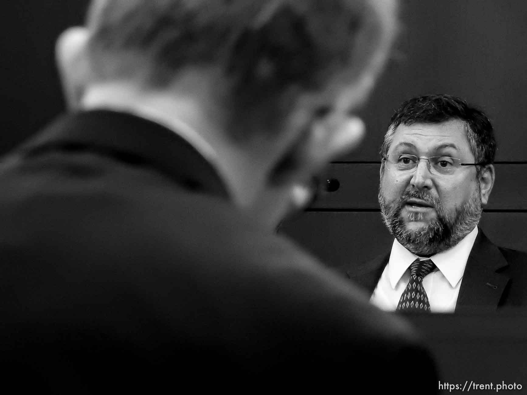 (Trent Nelson  |  The Salt Lake Tribune)  
Russell Minas testitfies at an evidentiary hearing for Douglas Lovell in Ogden on Monday Aug. 5, 2019. A jury in 2015 sentenced Douglas Lovell to be executed for killing 39-year-old Joyce Yost in 1985. Lovell has been appealing the decision.