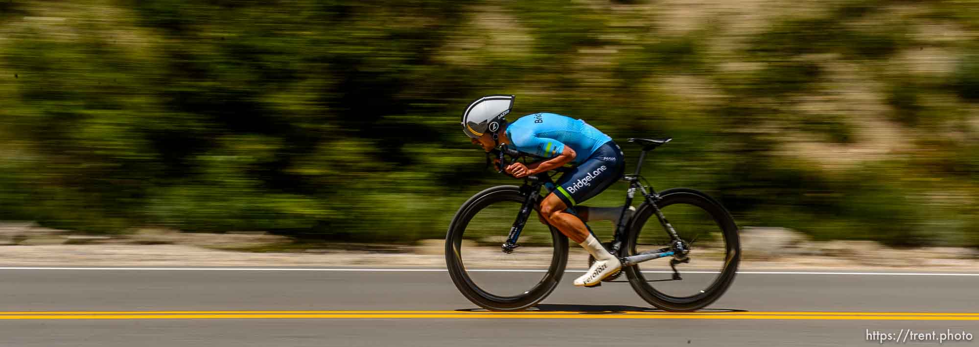 (Trent Nelson  |  The Salt Lake Tribune)  
Tyler Lindorff races downhill during the Prologue of the Tour of Utah in Little Cottonwood Canyon on Monday Aug. 12, 2019.