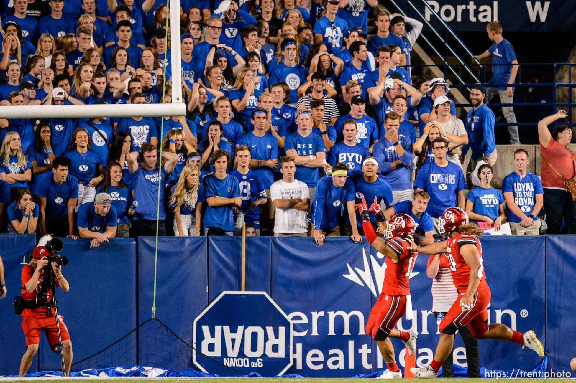 (Trent Nelson  |  The Salt Lake Tribune)  
Utah Utes linebacker Francis Bernard (13) makes a U sign to BYU Fans after scoring on an interception, as Brigham Young University (BYU) hosts the University of Utah, NCAA football in Provo on Thursday Aug. 29, 2019.