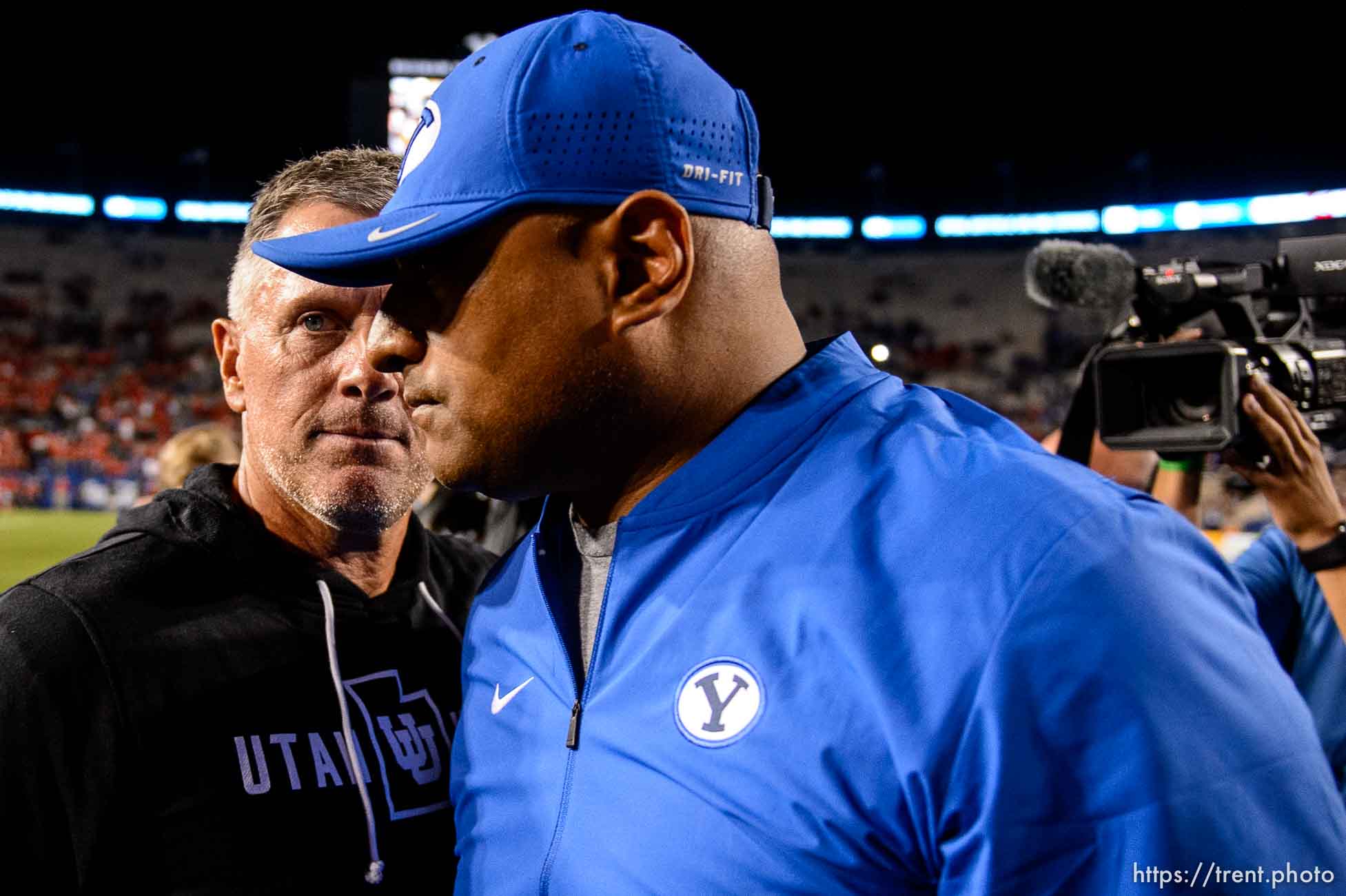 (Trent Nelson  |  The Salt Lake Tribune)  
Coaches Kyle Whittingham and Kalani Sitake shake hands after the game as Brigham Young University (BYU) hosts the University of Utah, NCAA football in Provo on Friday Aug. 30, 2019.