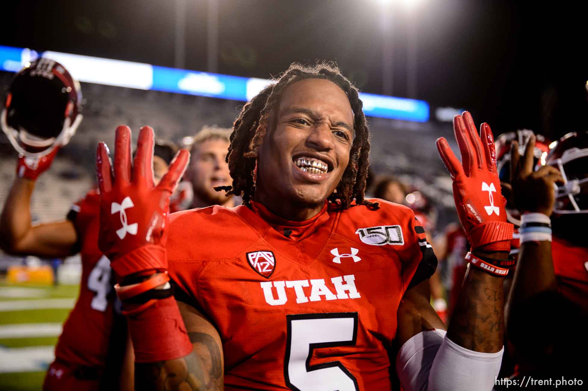 (Trent Nelson  |  The Salt Lake Tribune)  
Utah Utes defensive back Tareke Lewis (5) celebrates nine wins in a row as Brigham Young University (BYU) hosts the University of Utah, NCAA football in Provo on Friday Aug. 30, 2019.