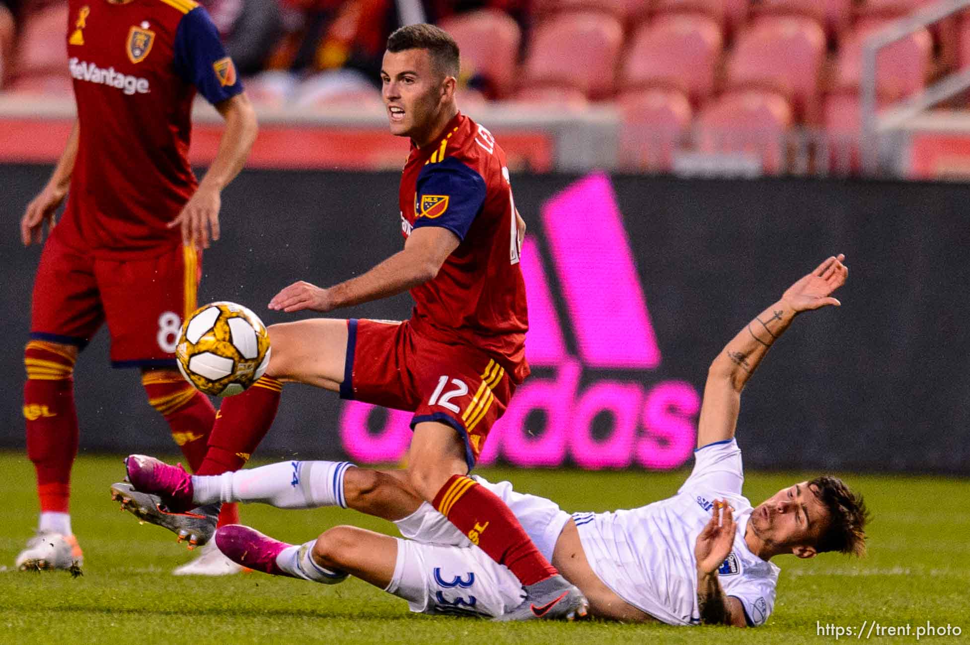 (Trent Nelson  |  The Salt Lake Tribune)  
Real Salt Lake forward Brooks Lennon (12) and San Jose Earthquakes defender Paul Marie (33) as Real Salt Lake hosts the San Jose Earthquakes, MLS soccer at Rio Tinto Stadium in Sandy on Wednesday Sept. 11, 2019.