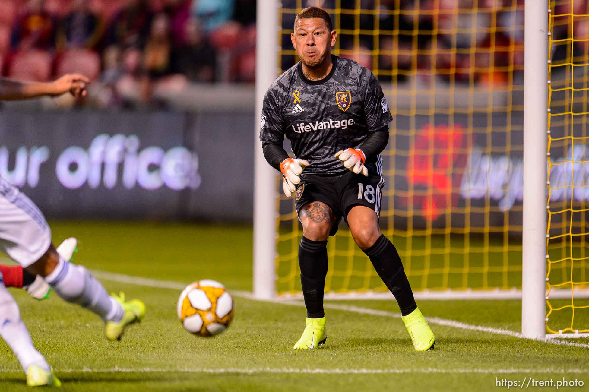 (Trent Nelson  |  The Salt Lake Tribune)  
Real Salt Lake goalkeeper Nick Rimando (18) makes a save as Real Salt Lake hosts the San Jose Earthquakes, MLS soccer at Rio Tinto Stadium in Sandy on Wednesday Sept. 11, 2019.