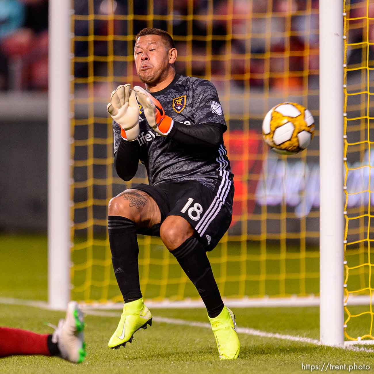 (Trent Nelson  |  The Salt Lake Tribune)  
Real Salt Lake goalkeeper Nick Rimando (18) makes a save as Real Salt Lake hosts the San Jose Earthquakes, MLS soccer at Rio Tinto Stadium in Sandy on Wednesday Sept. 11, 2019.