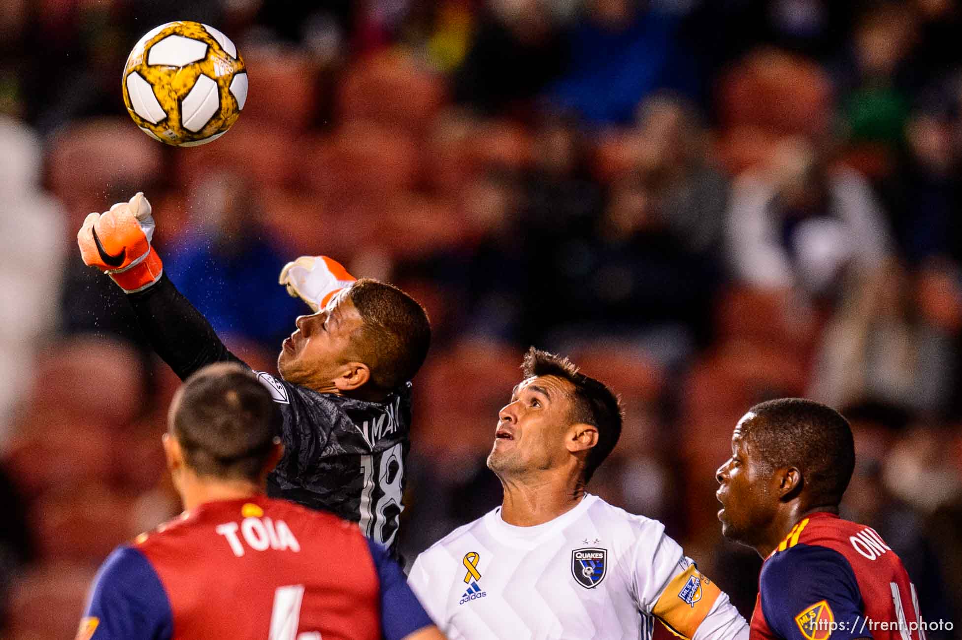 (Trent Nelson  |  The Salt Lake Tribune)  
Real Salt Lake goalkeeper Nick Rimando (18) knocks the ball away from the goal as Real Salt Lake hosts the San Jose Earthquakes, MLS soccer at Rio Tinto Stadium in Sandy on Wednesday Sept. 11, 2019.