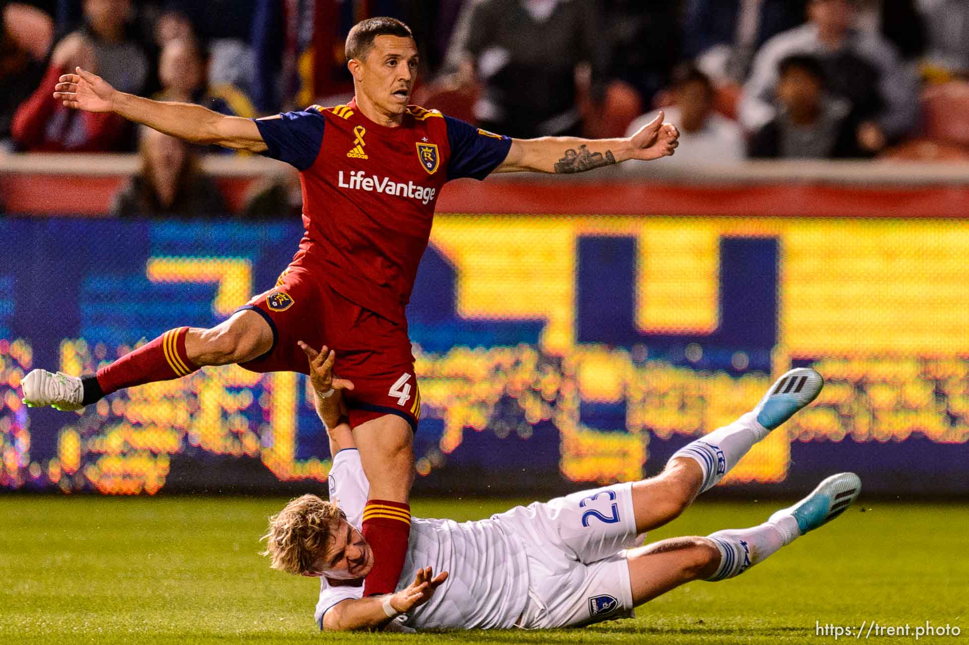 (Trent Nelson  |  The Salt Lake Tribune)  
Real Salt Lake defender Donny Toia (4) leaps over San Jose Earthquakes midfielder Florian Jungwirth (23) as Real Salt Lake hosts the San Jose Earthquakes, MLS soccer at Rio Tinto Stadium in Sandy on Wednesday Sept. 11, 2019.