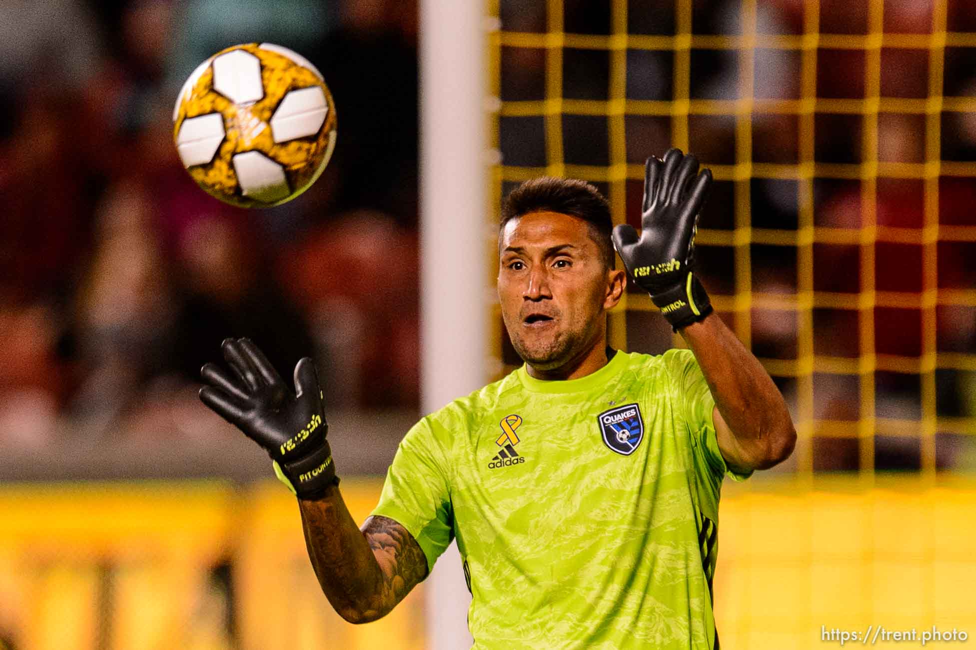 (Trent Nelson  |  The Salt Lake Tribune)  
San Jose Earthquakes goalkeeper Daniel Vega (17) makes a save as Real Salt Lake hosts the San Jose Earthquakes, MLS soccer at Rio Tinto Stadium in Sandy on Wednesday Sept. 11, 2019.