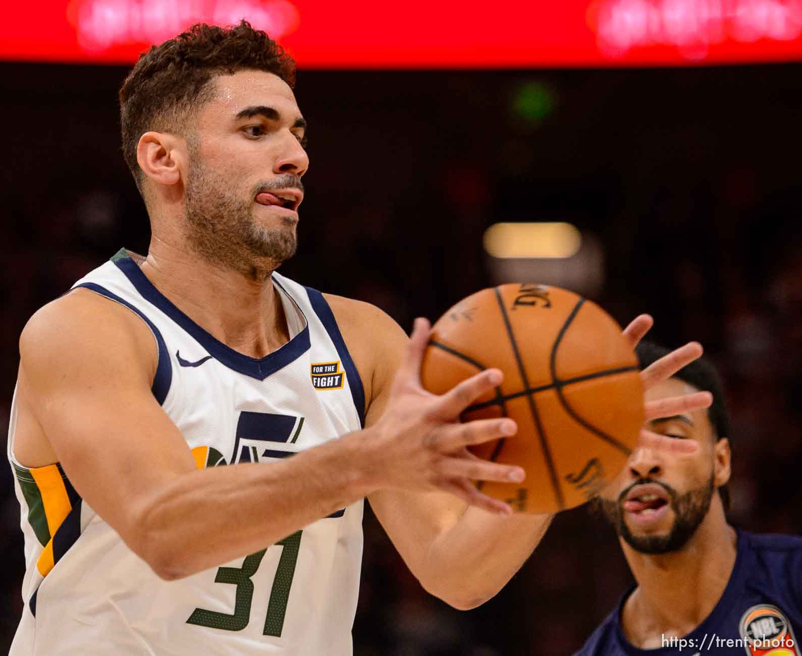 (Trent Nelson  |  The Salt Lake Tribune)  
Utah Jazz forward Georges Niang (31) pulls in a rebound as the Utah Jazz host the Adelaide 36ers, NBA basketball in Salt Lake City on Saturday Oct. 5, 2019.