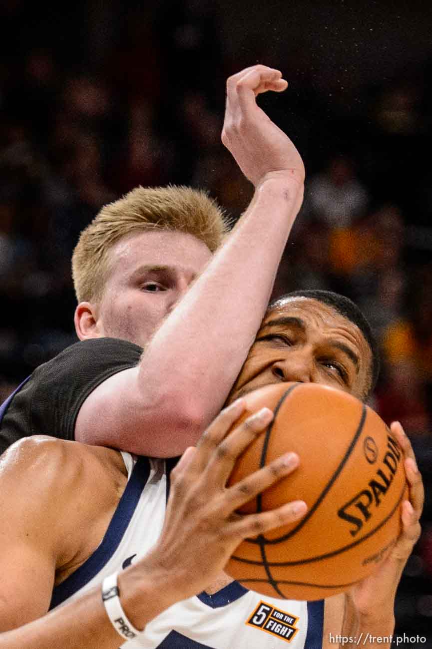 (Trent Nelson  |  The Salt Lake Tribune)  
Utah Jazz center Tony Bradley (13) defended by Adelaide 36ers center Harry Froling (11) as the Utah Jazz host the Adelaide 36ers, NBA basketball in Salt Lake City on Saturday Oct. 5, 2019.