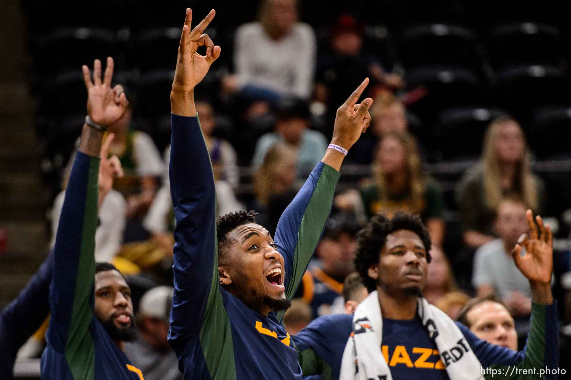 (Trent Nelson  |  The Salt Lake Tribune)  
Utah Jazz guard Donovan Mitchell (45) and the Jazz bench celebrate a three-pointer as the Utah Jazz host the Adelaide 36ers, NBA basketball in Salt Lake City on Saturday Oct. 5, 2019.