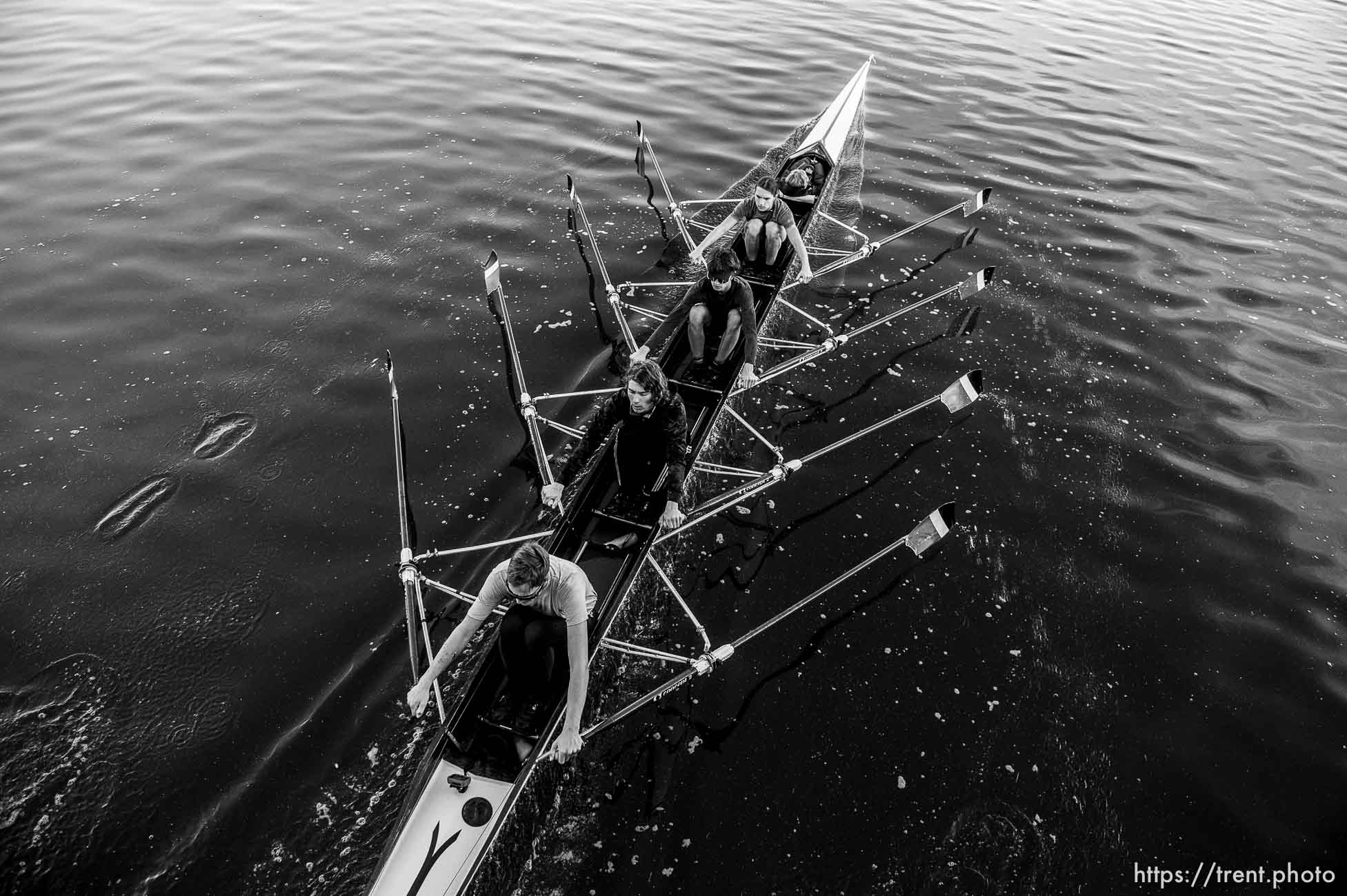 (Trent Nelson  |  The Salt Lake Tribune)
Daniel Carlebach, Wilson Bielaczyc, Sasha Jovanovic-Hacon, Bruno Stehlik, and coxswain Emma Goldsmith during a Utah Crew workout on the Jordan River in Salt Lake City on Monday Nov. 4, 2019.