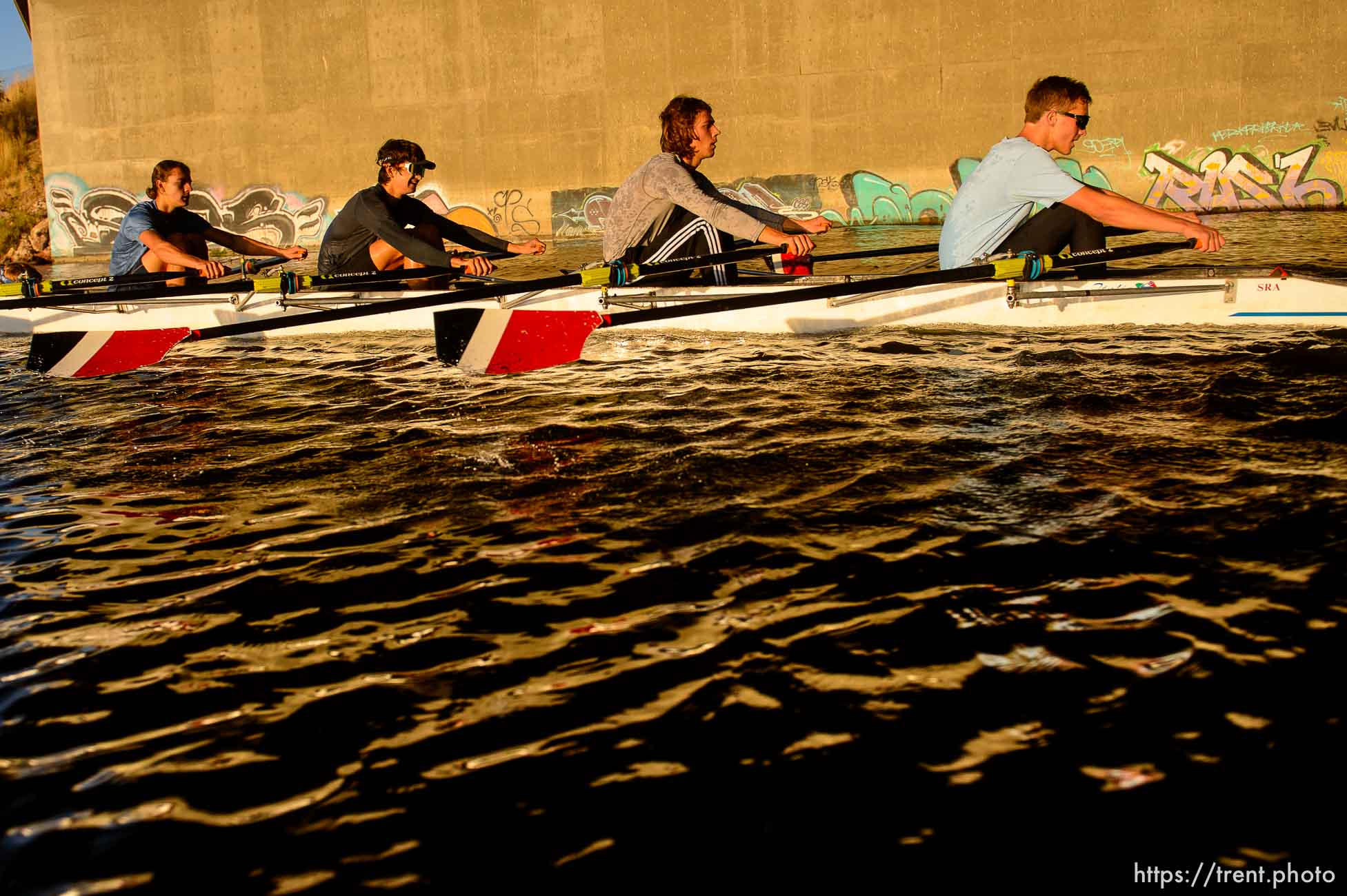 (Trent Nelson  |  The Salt Lake Tribune)
Coxswain Emma Goldsmith, Bruno Stehlik, Sasha Jovanovic-Hacon, Wilson Bielaczyc, and Daniel Carlebach during a Utah Crew workout on the Jordan River in Salt Lake City on Monday Nov. 4, 2019.