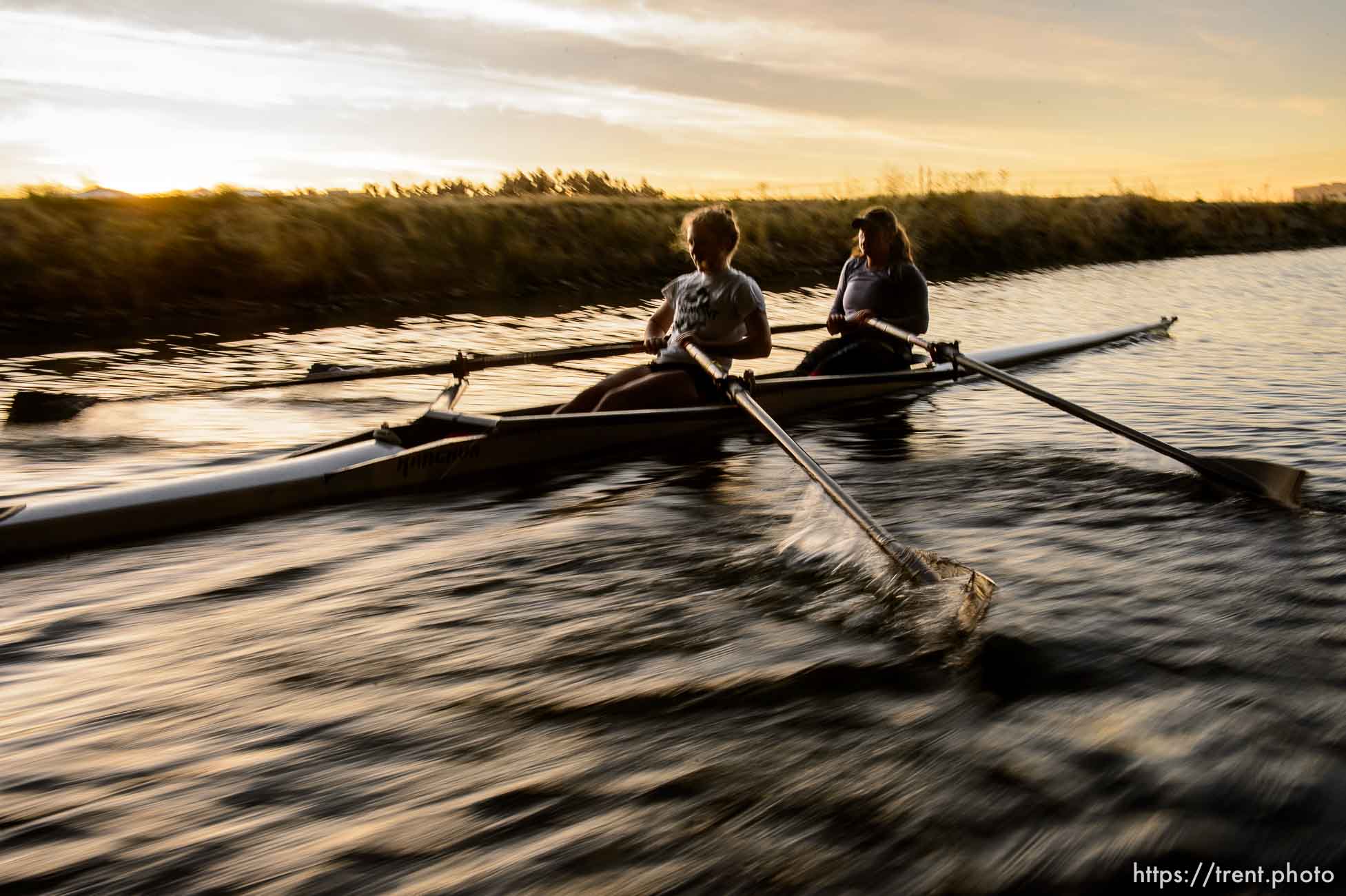 (Trent Nelson  |  The Salt Lake Tribune)
Sydney Koutrouba and Bella Fisher during a Utah Crew workout on the Jordan River in Salt Lake City on Monday Nov. 4, 2019.