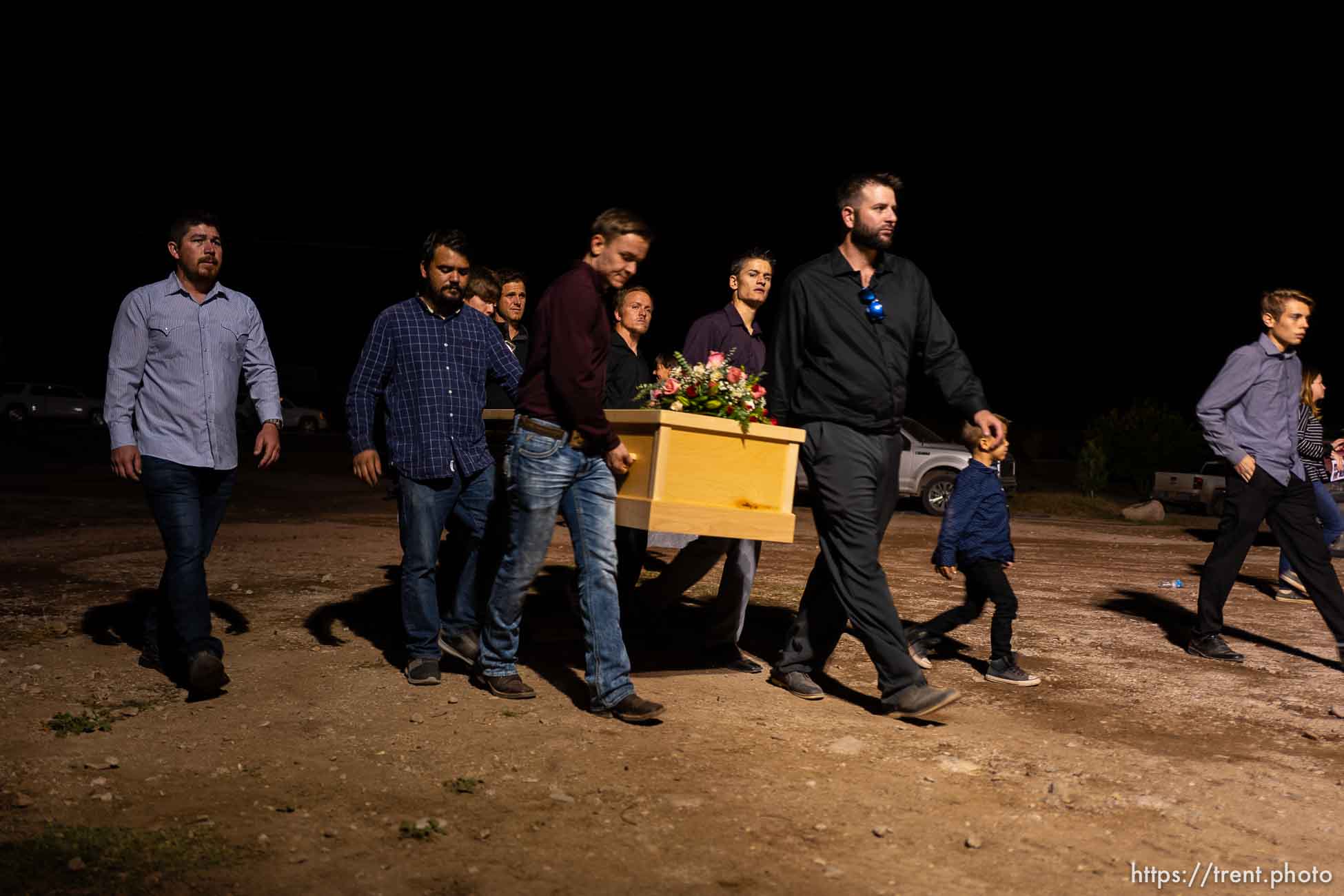 (Trent Nelson  |  The Salt Lake Tribune)
Pallbearers carry the remains of four children who died with their mother Rhonita Miller, following their funeral in La Mora, Sonora on Thursday Nov. 7, 2019. Howard, 12; Krystal, 10; Titus, 8 months; and his twin sister, Tiana.