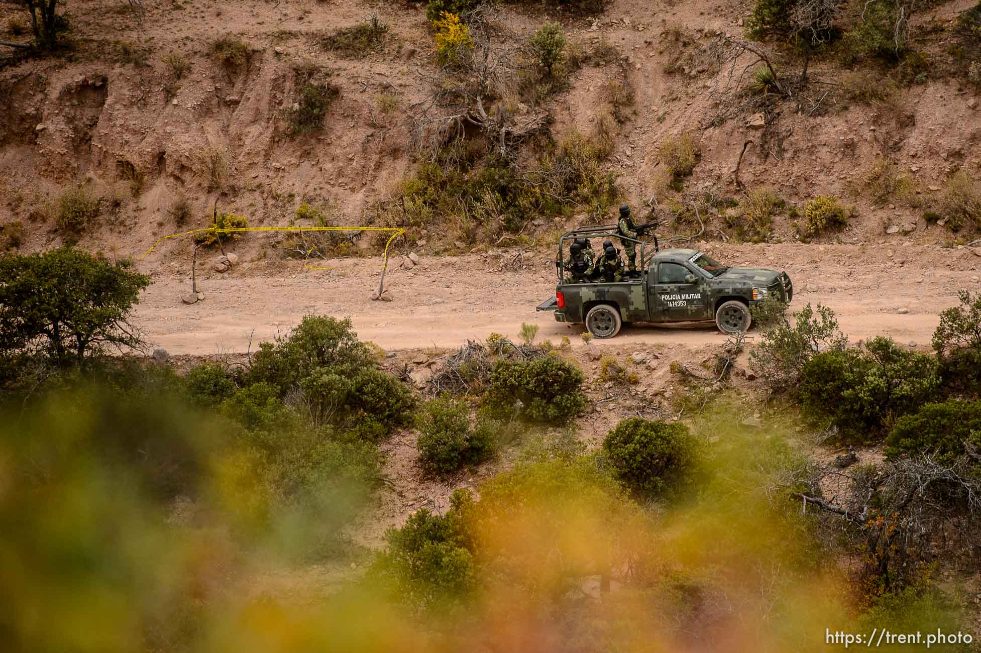 (Trent Nelson  |  The Salt Lake Tribune)
A Mexican military vehicle passes the site where two vehicles were attacked by gunman, killing Dawna Ray Langford and Christina Marie Langford, along with two of Dawna's children (Trevor, 11, and Rogan, 3) near La Mora, Sonora on Friday Nov. 8, 2019.