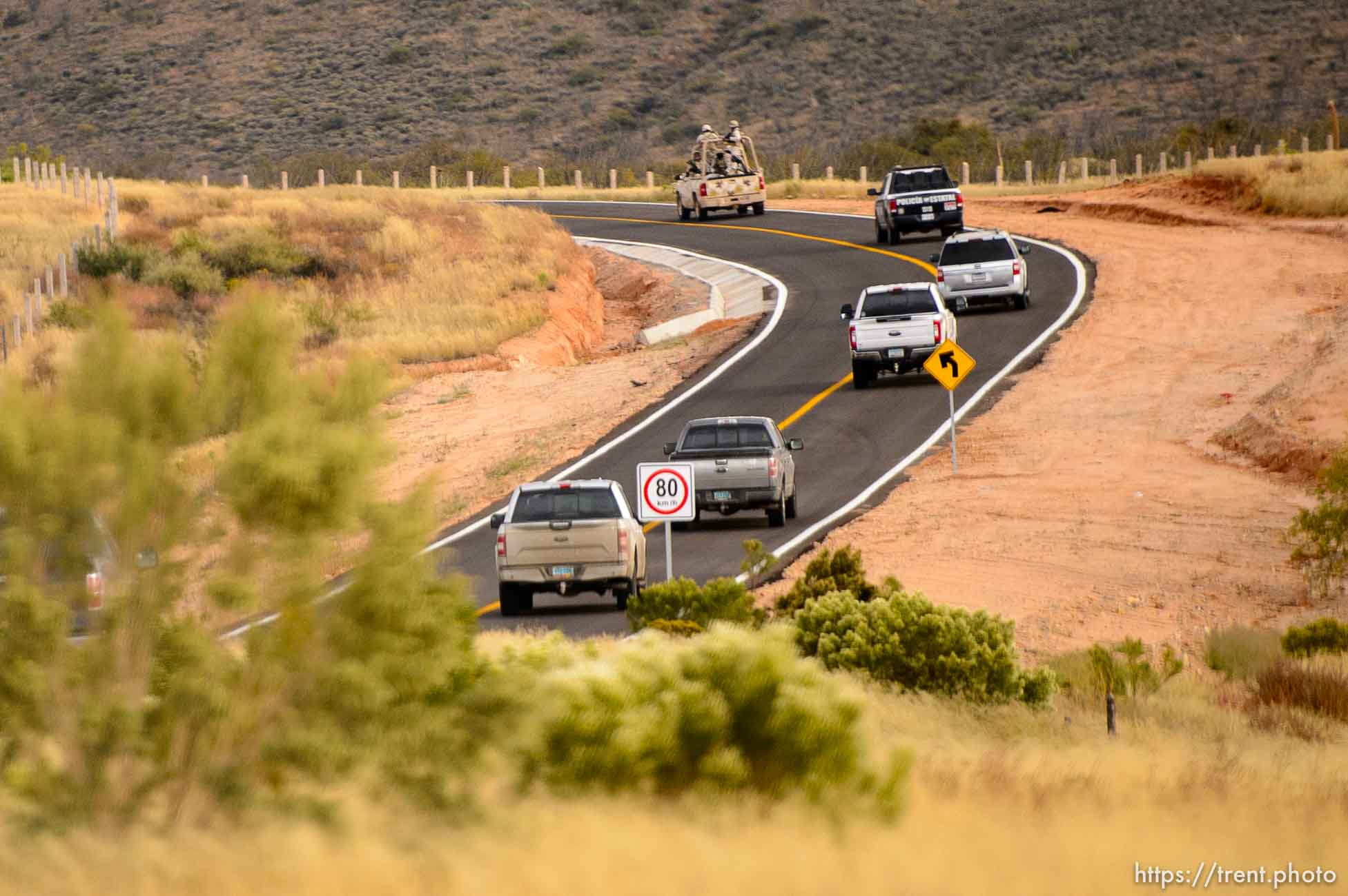 (Trent Nelson  |  The Salt Lake Tribune)
A convoy of family members makes its way to La Mora, Sonora, with an escort of vehicles from the federal police and Mexican military on Wednesday Nov. 6, 2019.