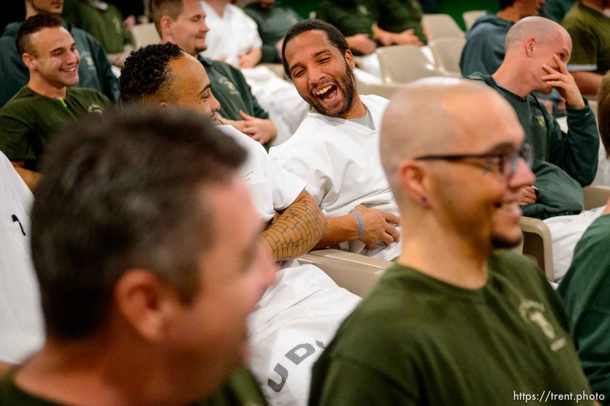 (Trent Nelson  |  The Salt Lake Tribune)
Inmates practice a belly laugh during a motivational talk by Bob Kittell at a meeting of the New Visions Speech Club at the Utah State Prison's Promontory facility in Draper on Tuesday Dec. 3, 2019.