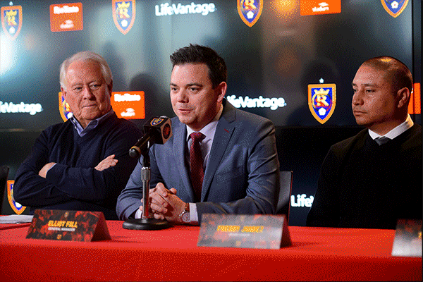(Trent Nelson  |  The Salt Lake Tribune)
Real Salt Lake General Manager Elliot Fall introduces new Head Coach Freddy Juarez during a news conference at Rio Tinto Stadium in Sandy on Tuesday Dec. 3, 2019. At left is team owner Dell Loy Hansen.