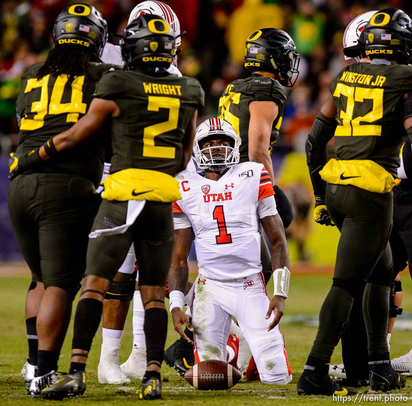 (Trent Nelson  |  The Salt Lake Tribune)
Utah Utes quarterback Tyler Huntley (1) after a run as Utah faces Oregon in the Pac-12 football championship game in Santa Clara, Calif., on Friday Dec. 6, 2019.