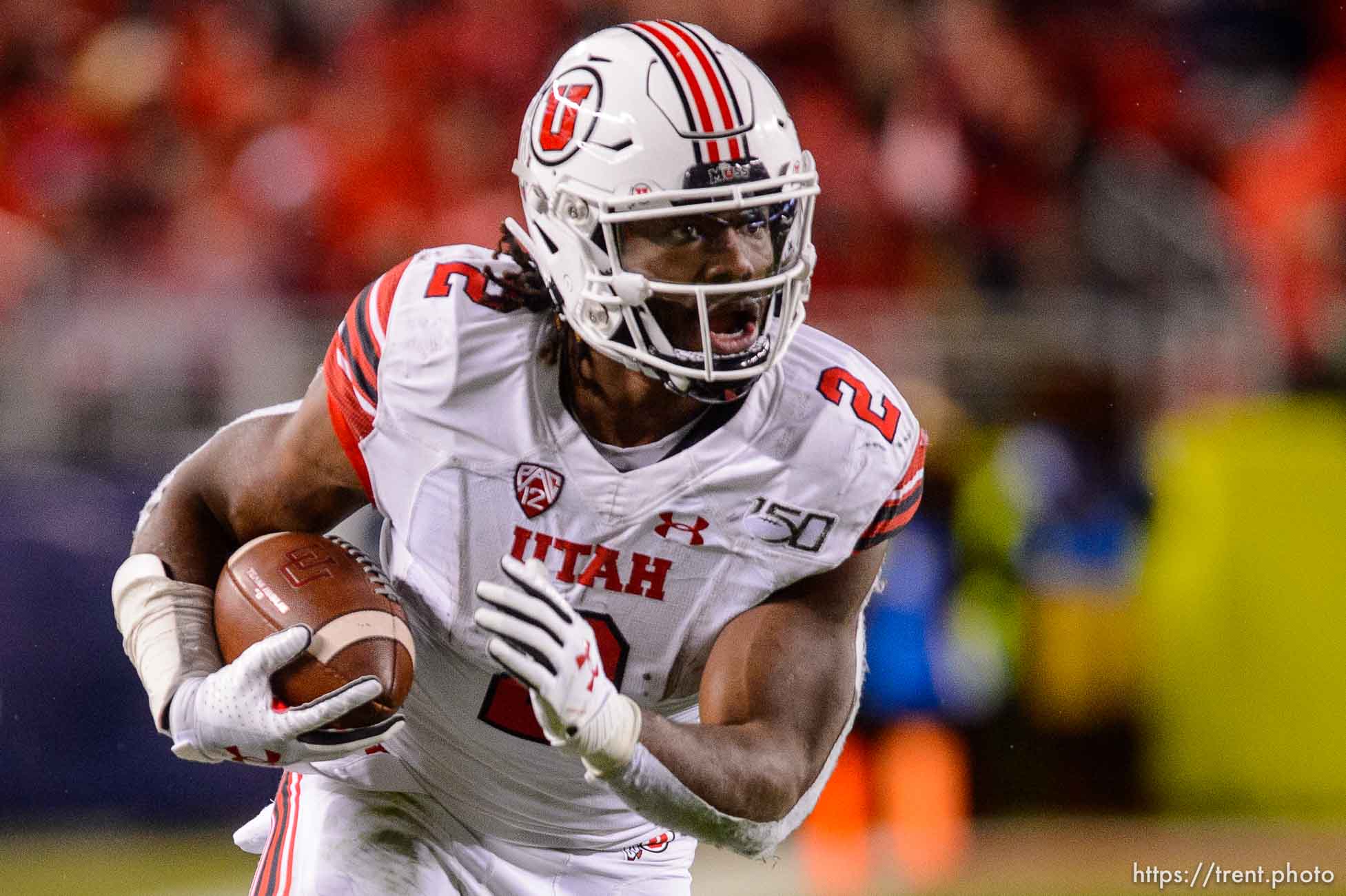 (Trent Nelson  |  The Salt Lake Tribune)
Utah Utes running back Zack Moss (2) runs for a touchdown as Utah faces Oregon in the Pac-12 football championship game in Santa Clara, Calif., on Friday Dec. 6, 2019.