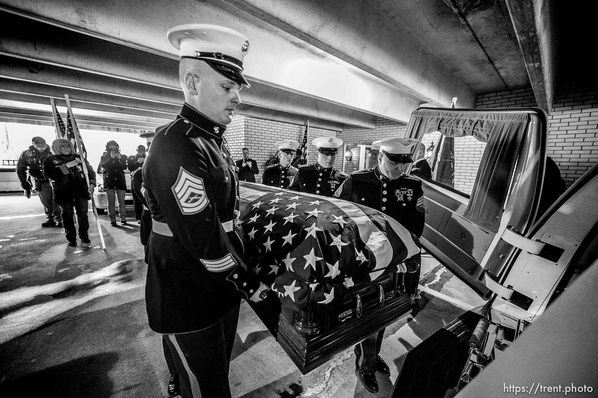 (Trent Nelson  |  The Salt Lake Tribune)
Marines carry the remains of Marine Pfc. Robert J. Hatch before a procession to the Bountiful City Cemetery on Saturday Dec. 14, 2019. Hatch was killed in action Nov. 22, 1943 on the island of Betio.