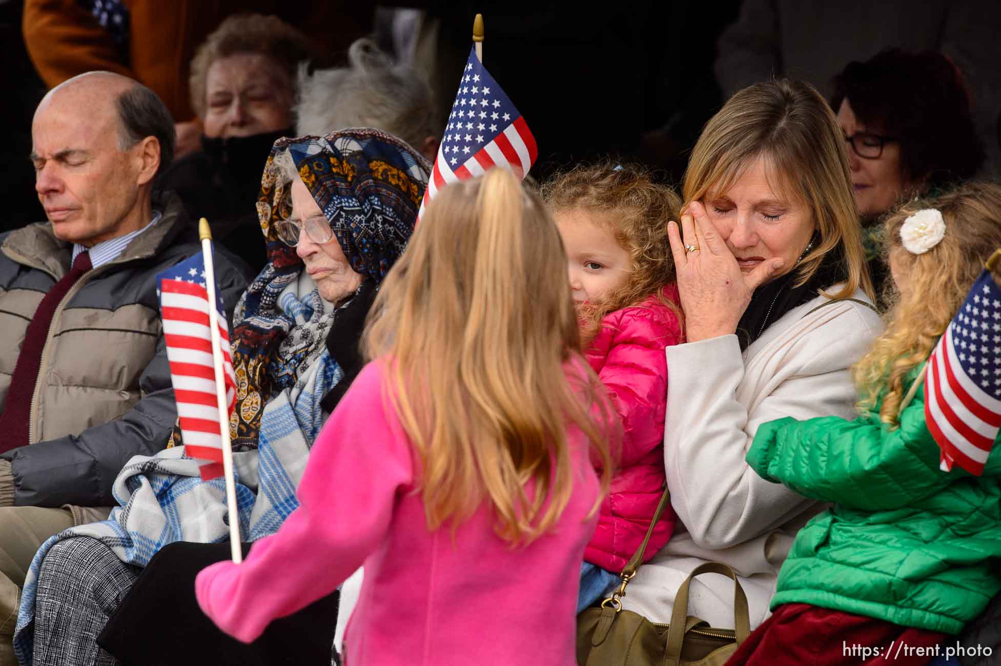 (Trent Nelson  |  The Salt Lake Tribune)
Services for Marine Pfc. Robert J. Hatch at the Bountiful City Cemetery on Saturday Dec. 14, 2019. Hatch was killed in action Nov. 22, 1943 on the island of Betio. From left, Ira Hatch, Charmain Hatch, Charlotte, Siena Suarez, Jan Hatch, and Mila Suarez.