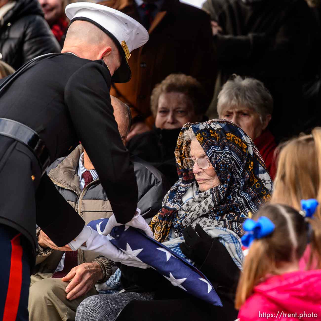 (Trent Nelson  |  The Salt Lake Tribune)
A flag is presented to Charmain Hatch, sister-in-law of Marine Pfc. Robert J. Hatch, at the Bountiful City Cemetery on Saturday Dec. 14, 2019. Hatch was killed in action Nov. 22, 1943 on the island of Betio.