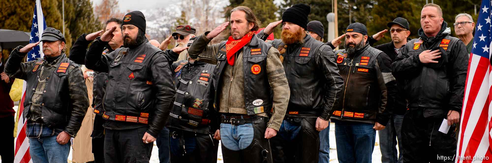 (Trent Nelson  |  The Salt Lake Tribune)
Riders salute during services for Marine Pfc. Robert J. Hatch at the Bountiful City Cemetery on Saturday Dec. 14, 2019. Hatch was killed in action Nov. 22, 1943 on the island of Betio.