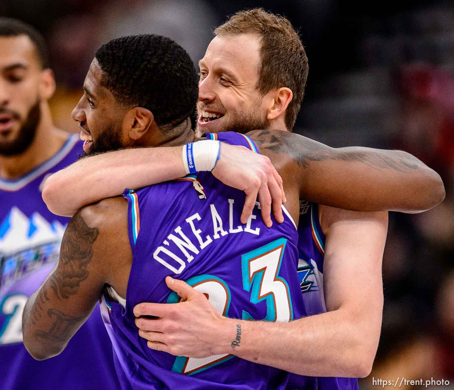 (Trent Nelson  |  The Salt Lake Tribune) Utah Jazz forward Joe Ingles (2) and Utah Jazz forward Royce O'Neale (23) embrace after an Ingles three-pointer as the Utah Jazz host the Portland Trail Blazers, NBA basketball in Salt Lake City on Thursday, Dec. 26, 2019.