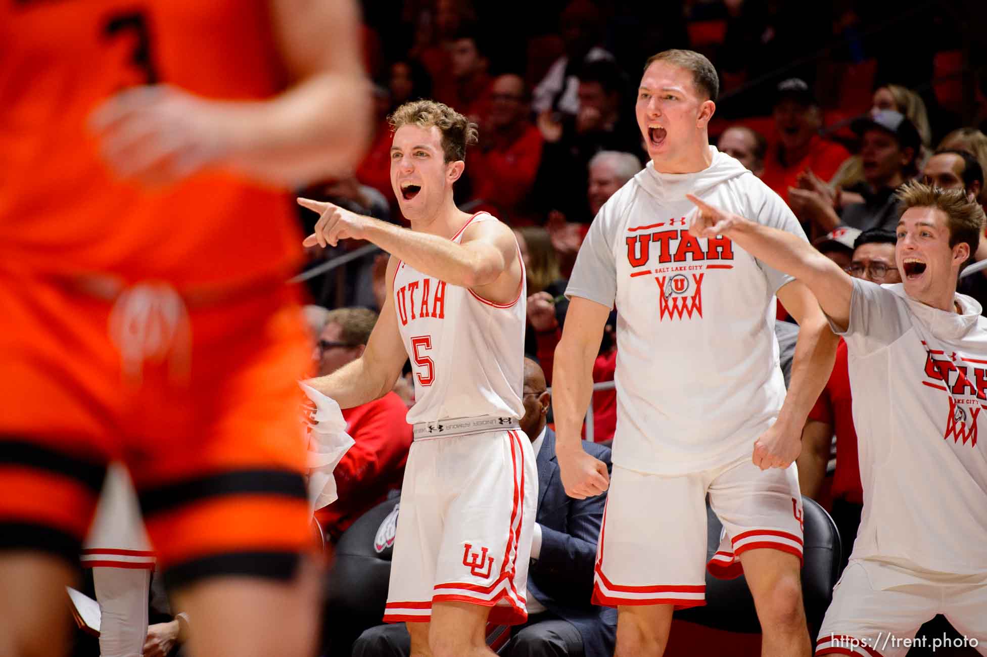 (Trent Nelson  |  The Salt Lake Tribune) Utah players on the bench celebrate a double digit lead in the final minutes as the University of Utah hosts Oregon State, NCAA men's basketball in Salt Lake City on Thursday, Jan. 2, 2020.