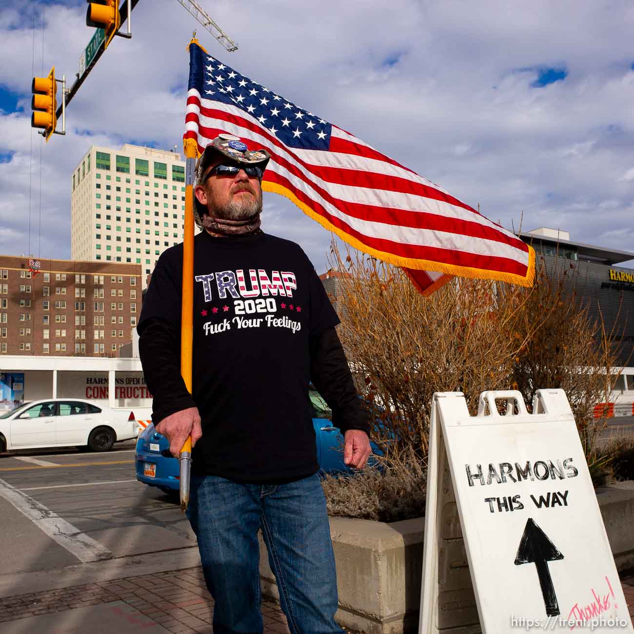 (Trent Nelson  |  The Salt Lake Tribune) A counter-protester, Trump supporter, as people gather in front of the Federal Building in Salt Lake City on Saturday, Jan. 4, 2020 to protest the escalation of tensions with Iran.