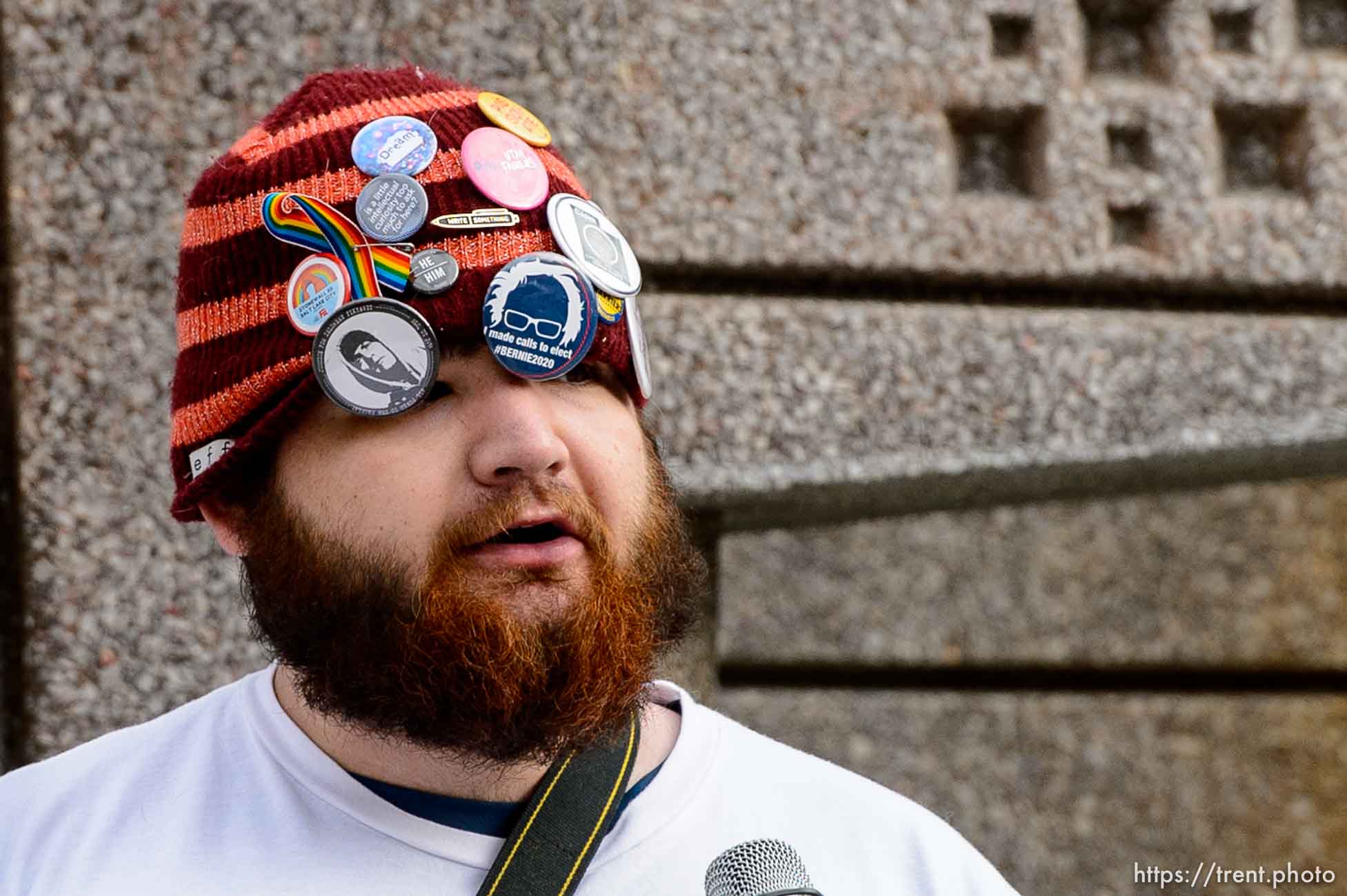 (Trent Nelson  |  The Salt Lake Tribune) Phelan Acheson speaks as people gather in front of the Federal Building in Salt Lake City on Saturday, Jan. 4, 2020 to protest the escalation of tensions with Iran.