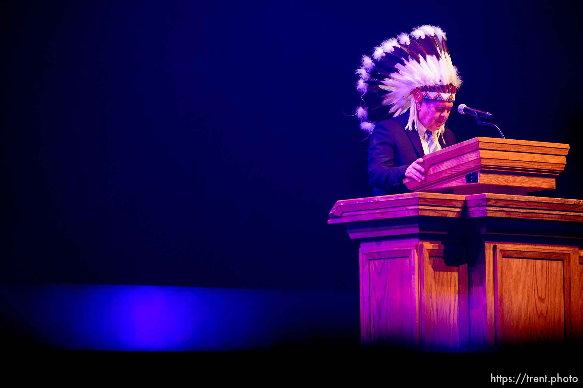 (Trent Nelson  |  The Salt Lake Tribune) Darren Parry leaves a blessing at the inauguration of Brad Mortensen as the president of Weber State University in Ogden on Tuesday, Jan. 7, 2020.