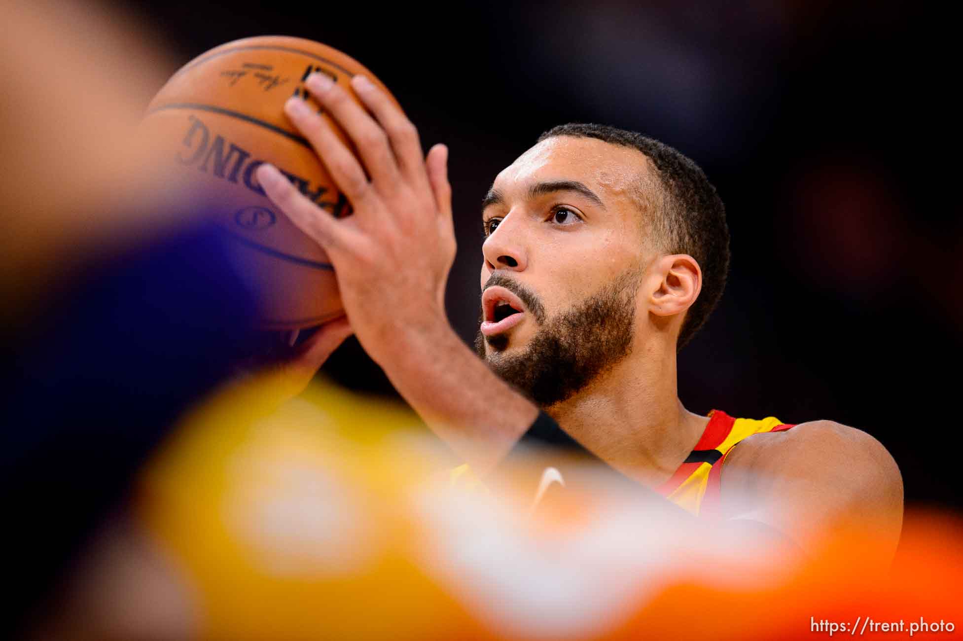 (Trent Nelson  |  The Salt Lake Tribune) Utah Jazz center Rudy Gobert (27) as the Utah Jazz host the Charlotte Hornets, NBA basketball in Salt Lake City on Friday, Jan. 10, 2020.