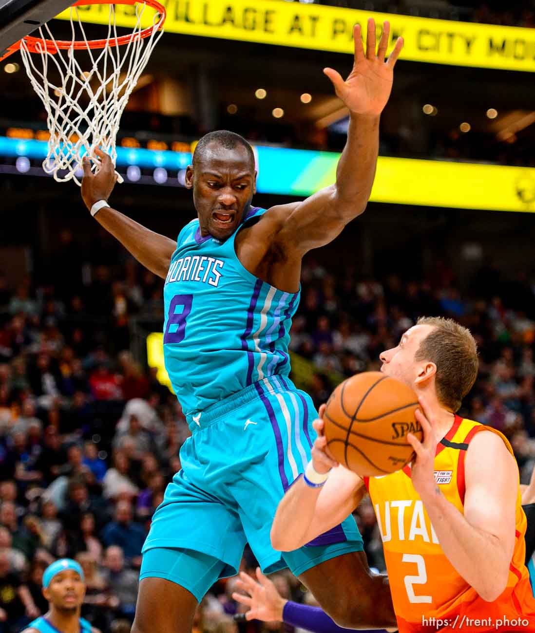 (Trent Nelson  |  The Salt Lake Tribune) Utah Jazz forward Joe Ingles (2) defended by Charlotte Hornets center Bismack Biyombo (8) as the Utah Jazz host the Charlotte Hornets, NBA basketball in Salt Lake City on Friday, Jan. 10, 2020.