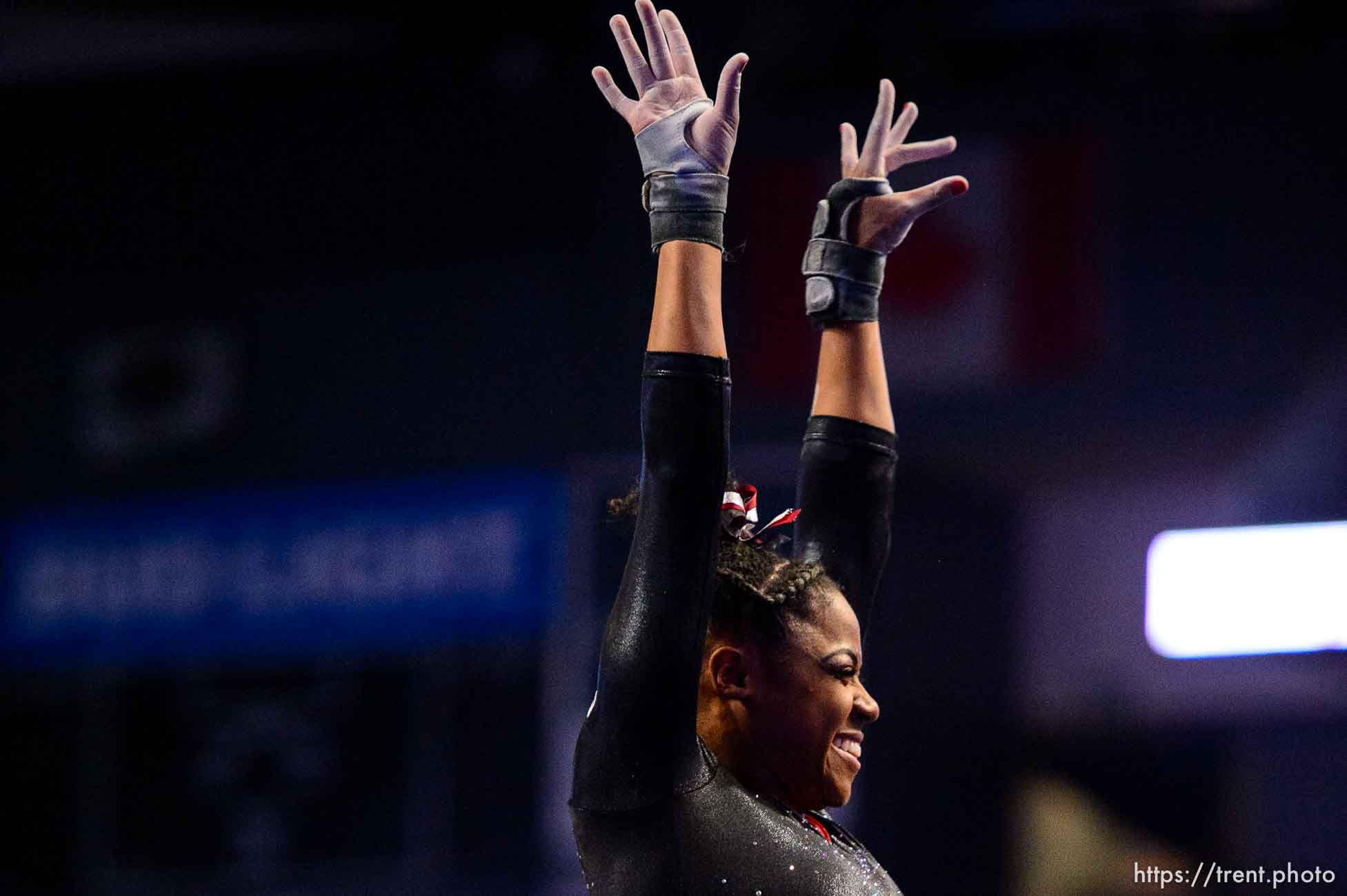 (Trent Nelson  |  The Salt Lake Tribune) Utah's Cammy Hall on the vault at the Best of Utah NCAA Gymnastics Meet in West Valley City on Saturday, Jan. 11, 2020.