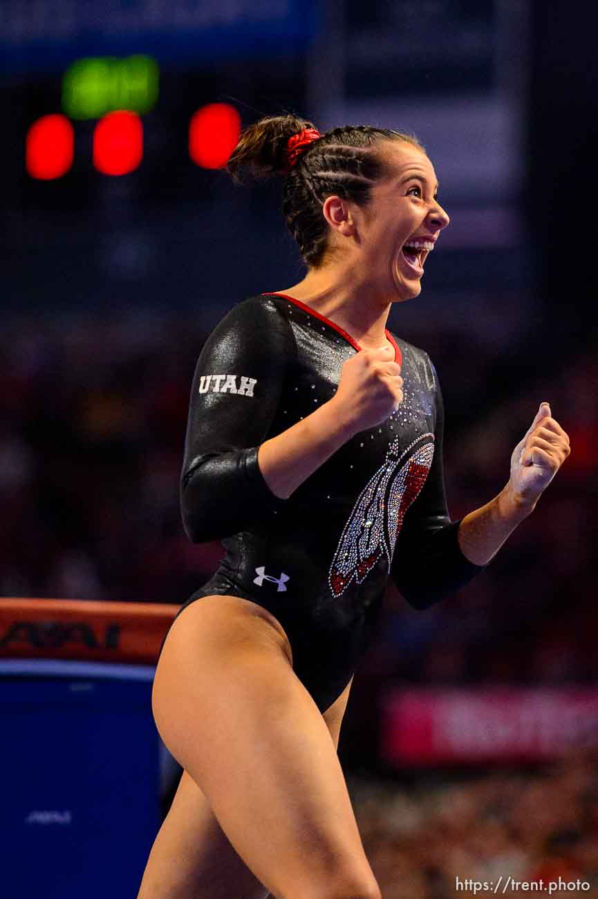 (Trent Nelson  |  The Salt Lake Tribune) Utah's Alexia Burch  on the vault at the Best of Utah NCAA Gymnastics Meet in West Valley City on Saturday, Jan. 11, 2020.