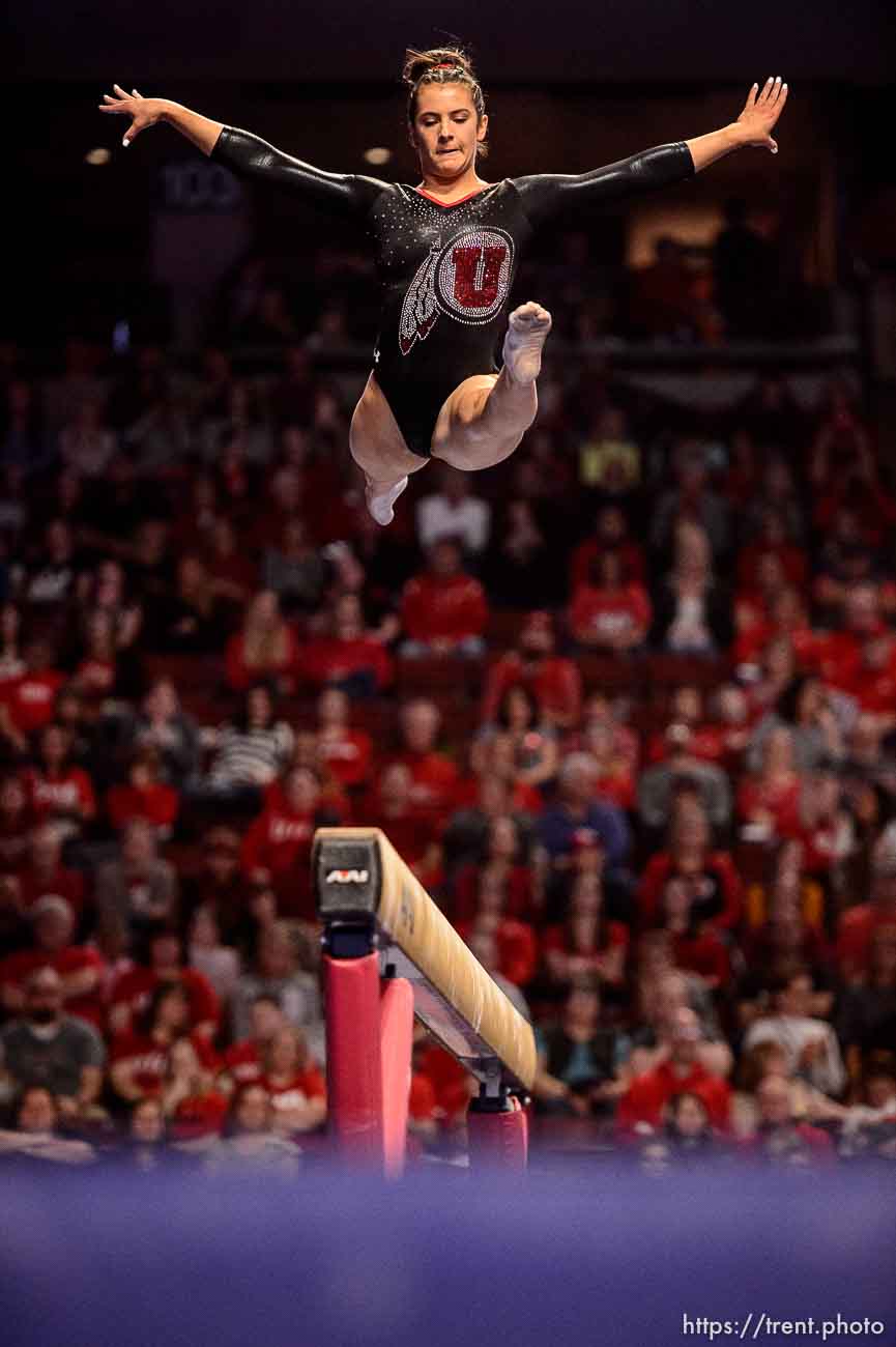 (Trent Nelson  |  The Salt Lake Tribune) Utah's Alexia Burch on the beam at the Best of Utah NCAA Gymnastics Meet in West Valley City on Saturday, Jan. 11, 2020.