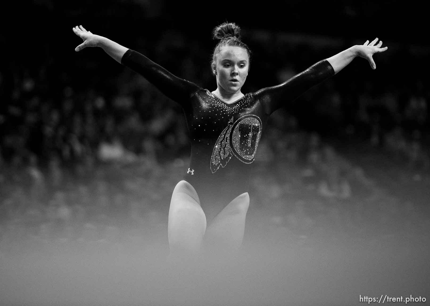 (Trent Nelson  |  The Salt Lake Tribune) Utah's Maile O'Keefe on the floor at the Best of Utah NCAA Gymnastics Meet in West Valley City on Saturday, Jan. 11, 2020.