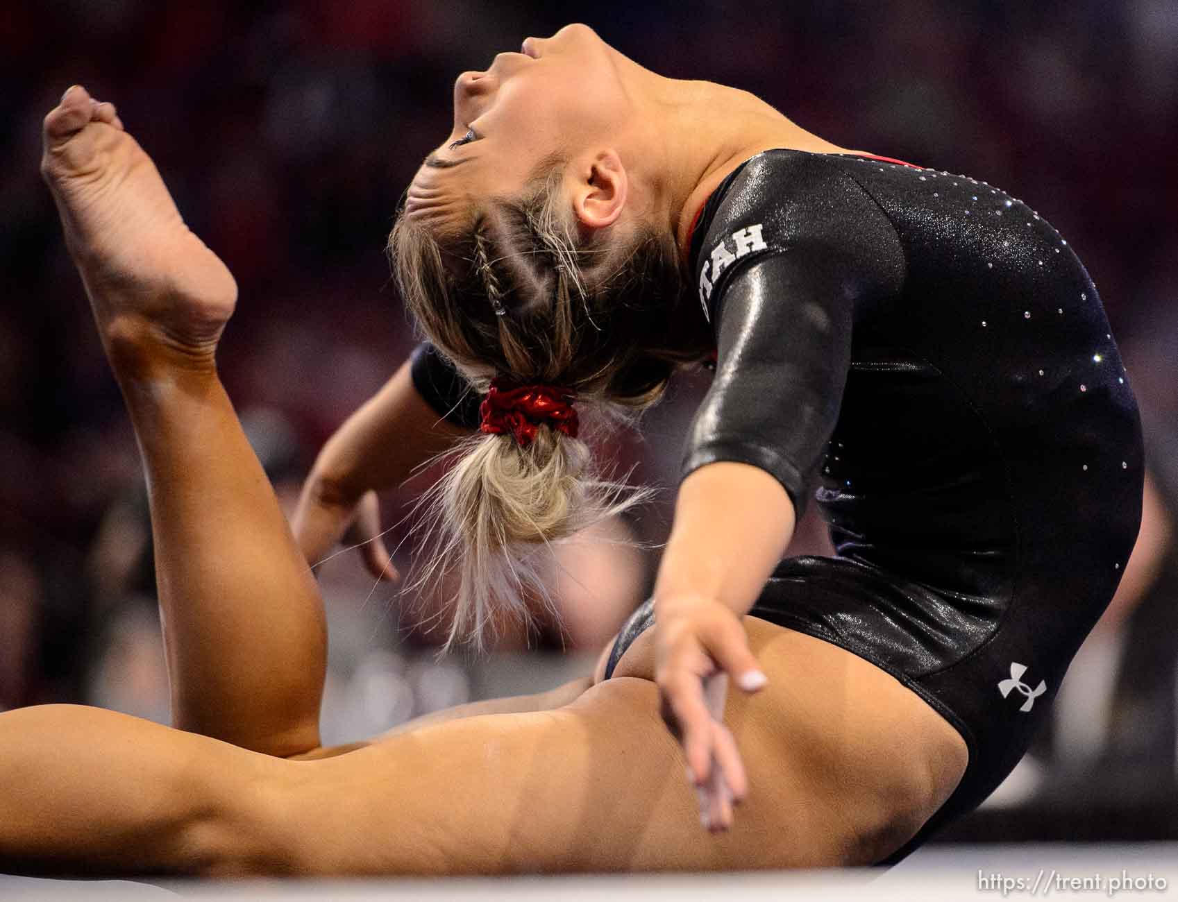 (Trent Nelson  |  The Salt Lake Tribune) Utah's Sydney Soloski on the floor at the Best of Utah NCAA Gymnastics Meet in West Valley City on Saturday, Jan. 11, 2020.