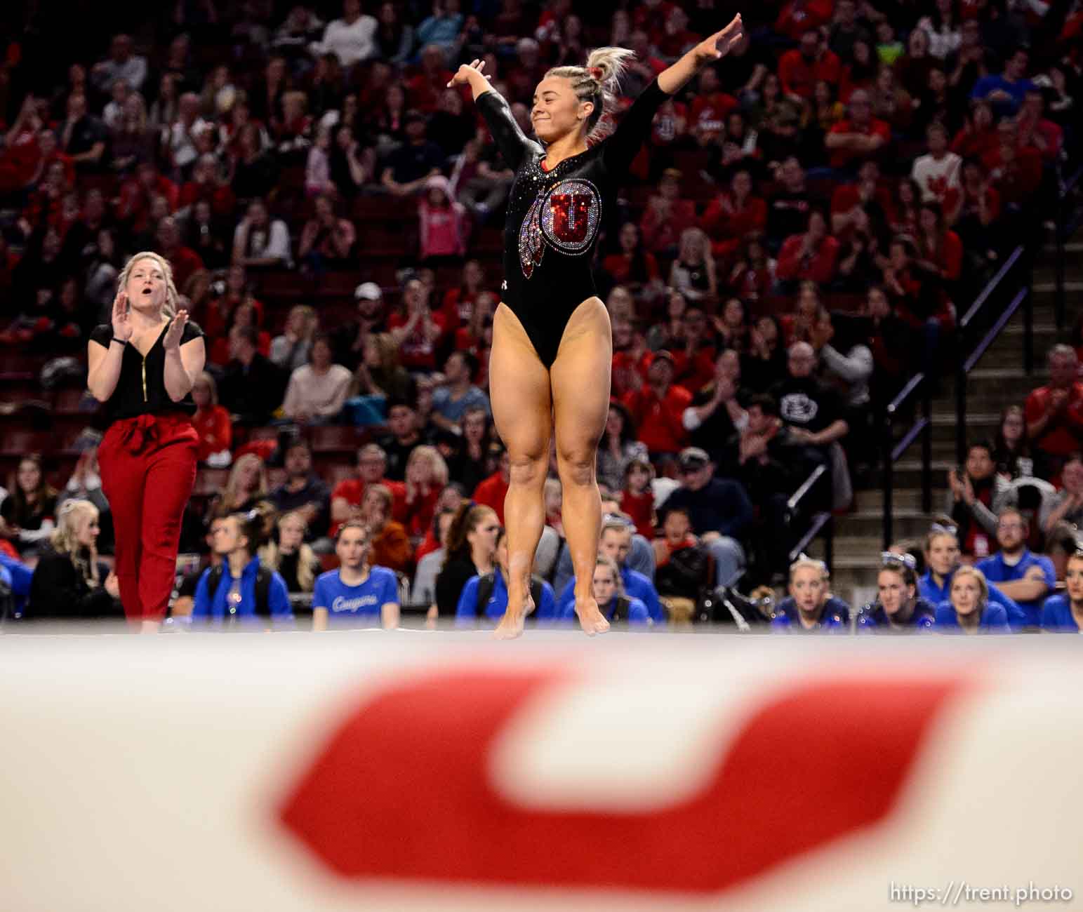 (Trent Nelson  |  The Salt Lake Tribune) Utah's Sydney Soloski on the floor at the Best of Utah NCAA Gymnastics Meet in West Valley City on Saturday, Jan. 11, 2020.