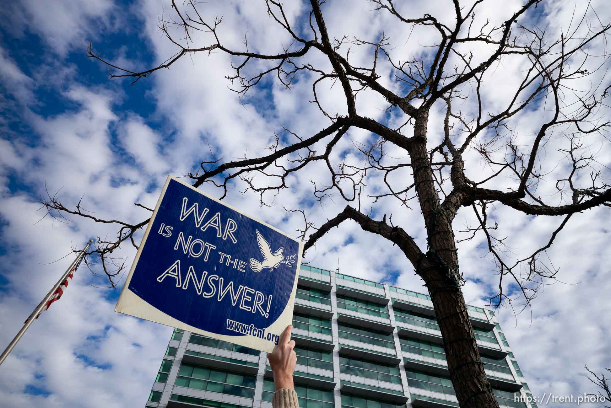 (Trent Nelson  |  The Salt Lake Tribune) People gather in front of the Federal Building in Salt Lake City on Saturday, Jan. 4, 2020 to protest the escalation of tensions with Iran.