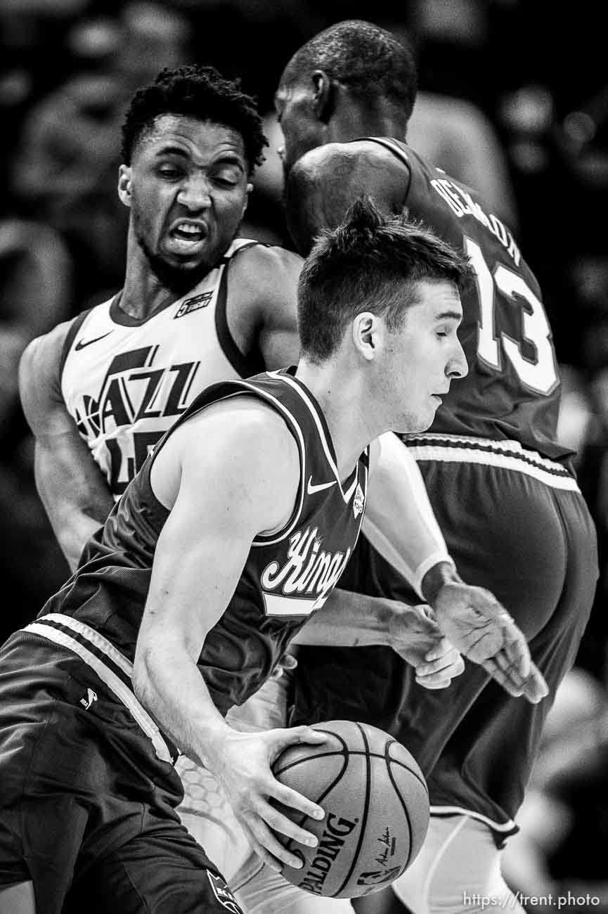 (Trent Nelson  |  The Salt Lake Tribune) Sacramento Kings guard Bogdan Bogdanovic (8), Utah Jazz guard Donovan Mitchell (45) as the Utah Jazz host the Sacramento Kings, NBA basketball in Salt Lake City on Saturday, Jan. 18, 2020.