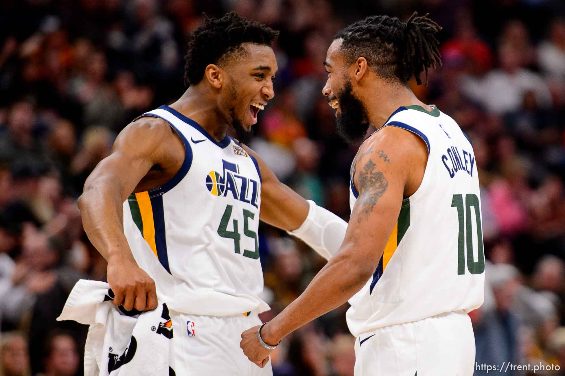 (Trent Nelson  |  The Salt Lake Tribune) Utah Jazz guard Donovan Mitchell (45) and Utah Jazz guard Mike Conley (10) in the fourth quarter as the Utah Jazz host the Sacramento Kings, NBA basketball in Salt Lake City on Saturday, Jan. 18, 2020.