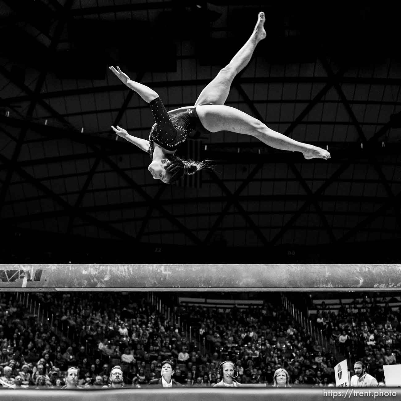 (Trent Nelson  |  The Salt Lake Tribune) Alexia Burch on the beam as the University of Utah hosts Arizona State, NCAA gymnastics in Salt Lake City on Friday, Jan. 24, 2020.