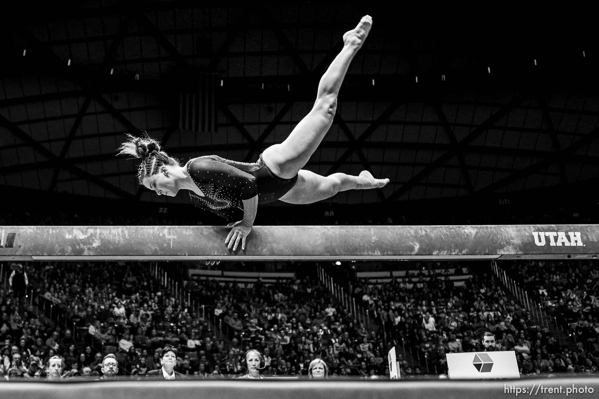 (Trent Nelson  |  The Salt Lake Tribune) Adrienne Randall on the beam as the University of Utah hosts Arizona State, NCAA gymnastics in Salt Lake City on Friday, Jan. 24, 2020.