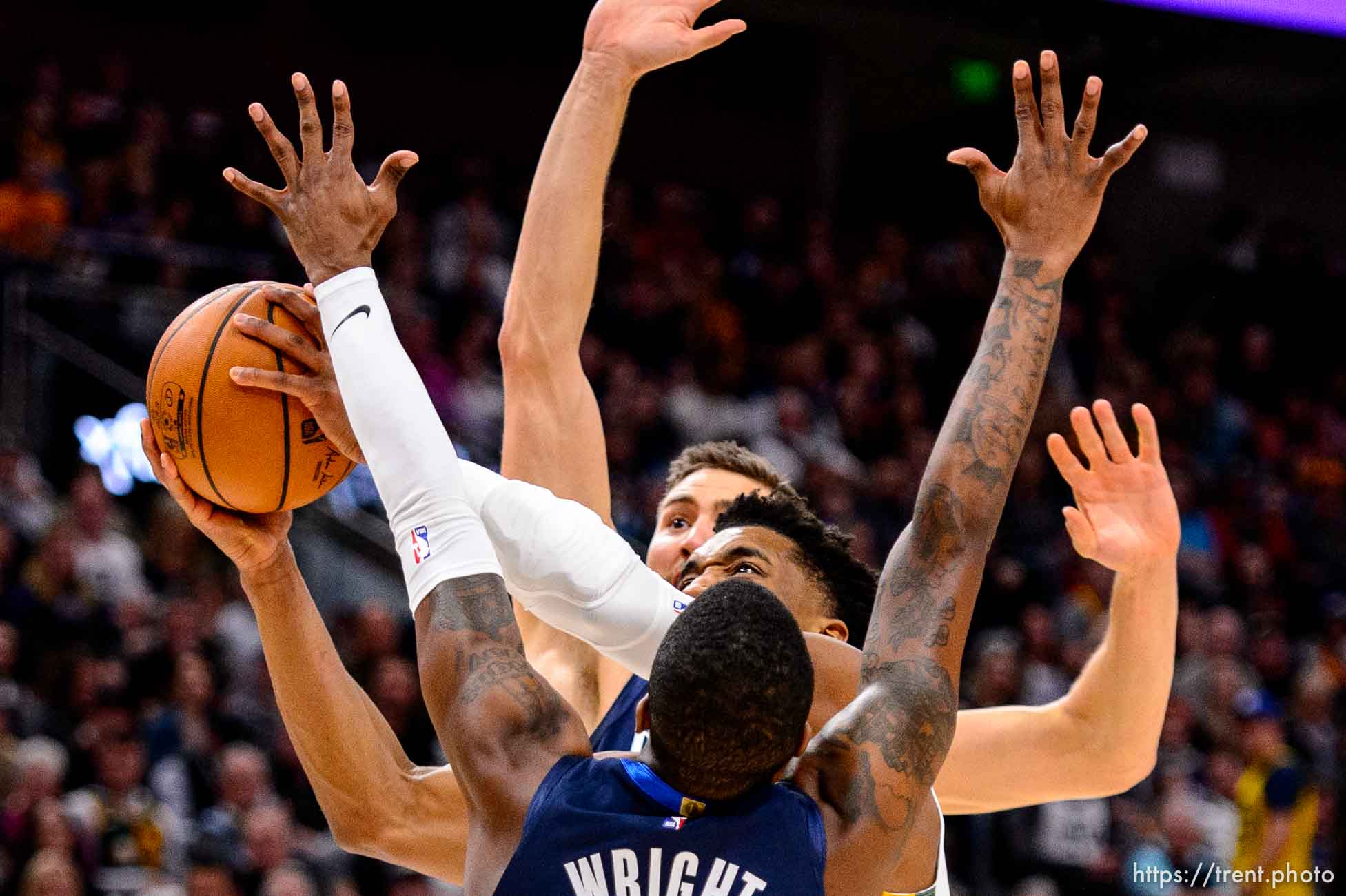 (Trent Nelson  |  The Salt Lake Tribune) Utah Jazz guard Donovan Mitchell (45) defended by Dallas Mavericks guard Delon Wright (55) as the Utah Jazz host the Dallas Mavericks, NBA basketball in Salt Lake City on Saturday, Jan. 25, 2020.